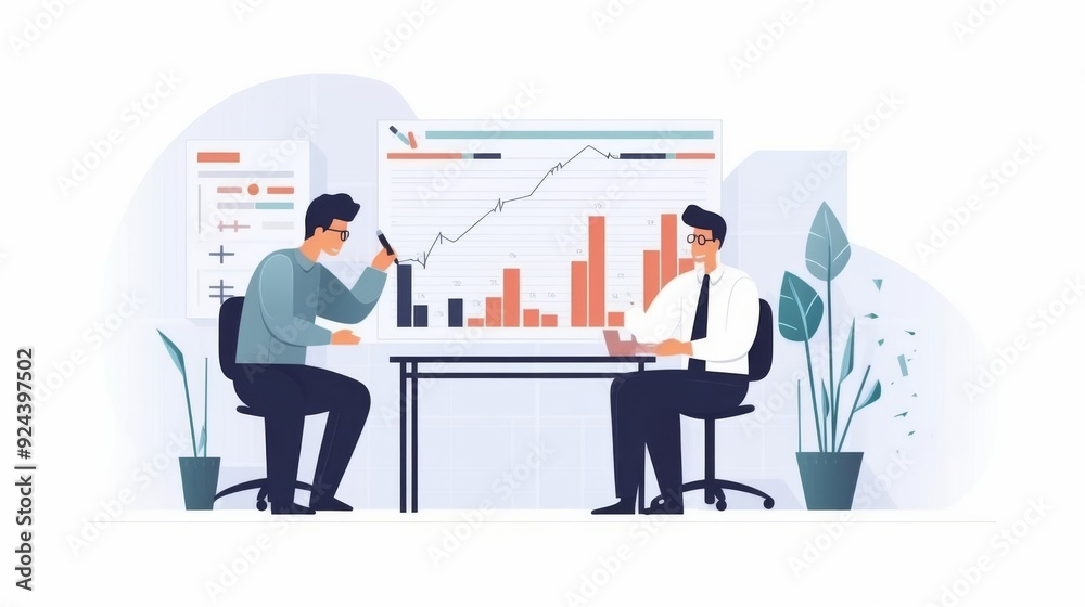 Two men are sitting at a table with a large graph on the wall behind them