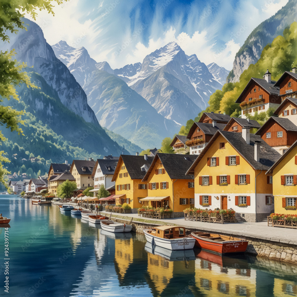 Naklejka premium Watercolor illustration of Hallstatt, capturing the charming beauty of this picturesque alpine village. 