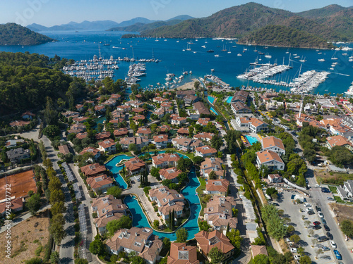 Gocek Marina and Gocek City Drone Photo, Gocek Fethiye, Mugla Turkiye (Turkey)