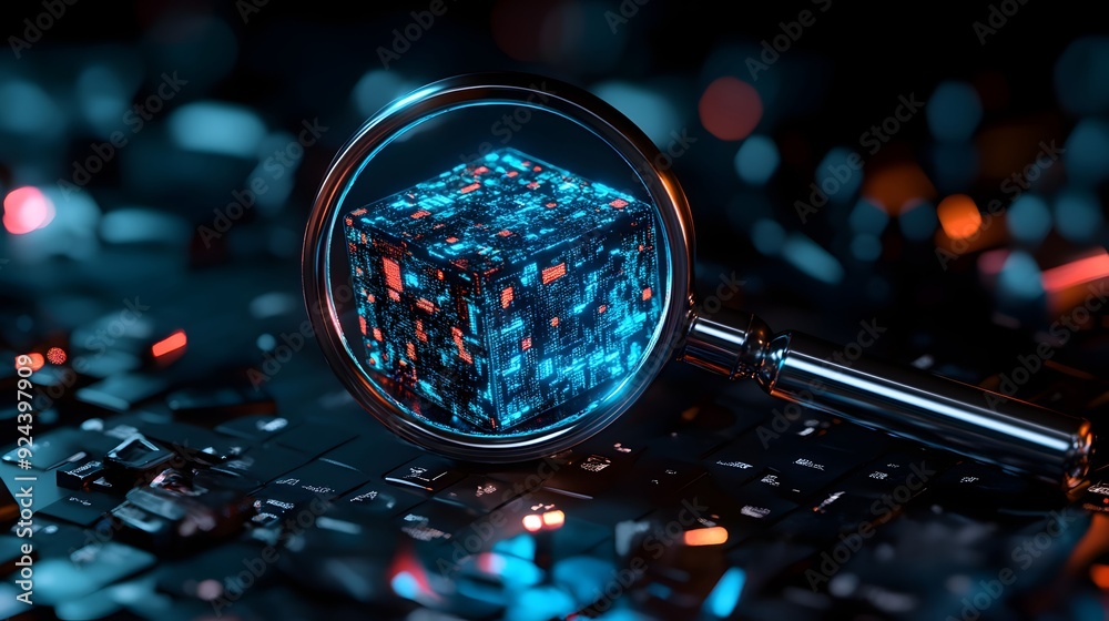 Fototapeta premium Magnifying Glass Examining Glowing Digital Cube.