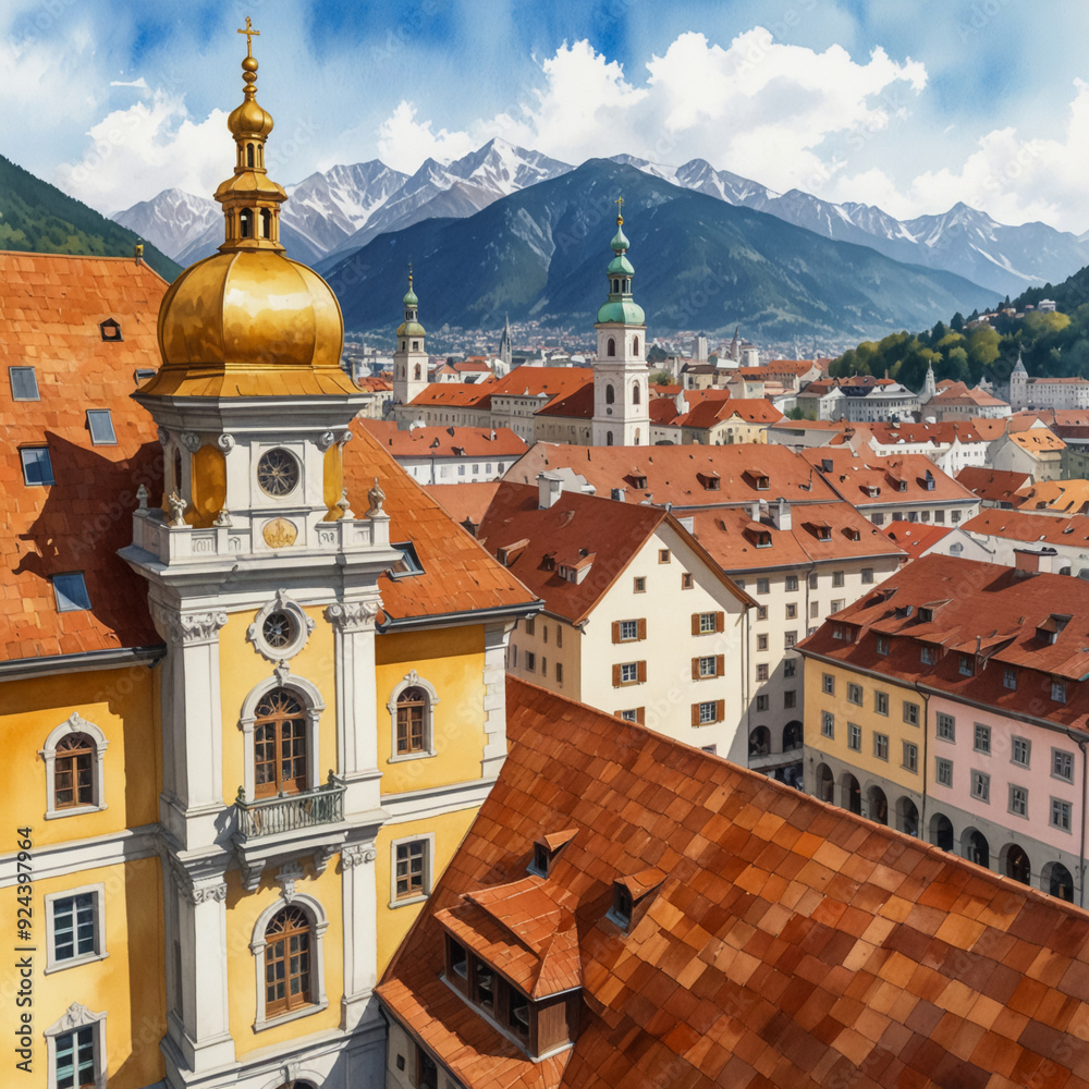 Watercolor illustration of Innsbruck’s Golden Roof (Goldenes Dachl), focusing on its ornate and historic façade. Watercolor illustration of Innsbruck’s Golden Roof (Goldenes Dachl), focusing on its ornate and historic façade.