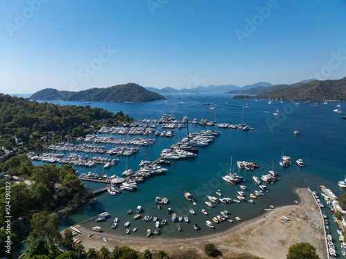 Fototapeta Naklejka Na Ścianę i Meble -  Gocek Marina and Gocek City Drone Photo, Gocek Fethiye, Mugla Turkiye (Turkey)