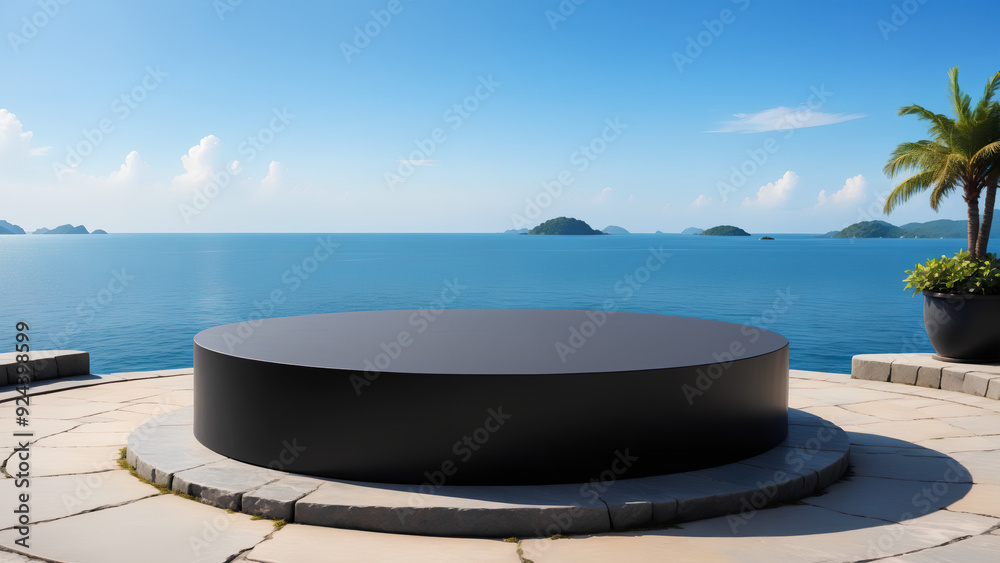 Empty round black podium on stone platform with sea island and blue sky background for product display Empty round black podium on stone platform with sea island and blue sky background for product display