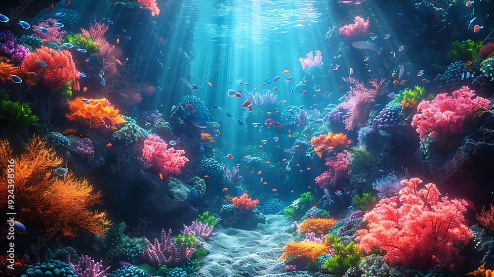 Enchanted underwater scene with a vibrant coral reef, diverse exotic fish, and a hidden mermaid city among the corals, sea plants swaying in the current, and sunlight illuminating the scene, Enchanted underwater scene with a vibrant coral reef, diverse exotic fish, and a hidden mermaid city among the corals, sea plants swaying in the current, and sunlight illuminating the scene,