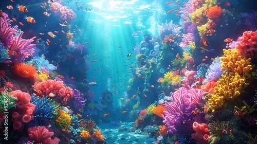 Enchanted underwater world with a vibrant coral reef, schools of exotic fish, and a hidden mermaid city nestled among the corals, colorful sea plants swaying in the current,