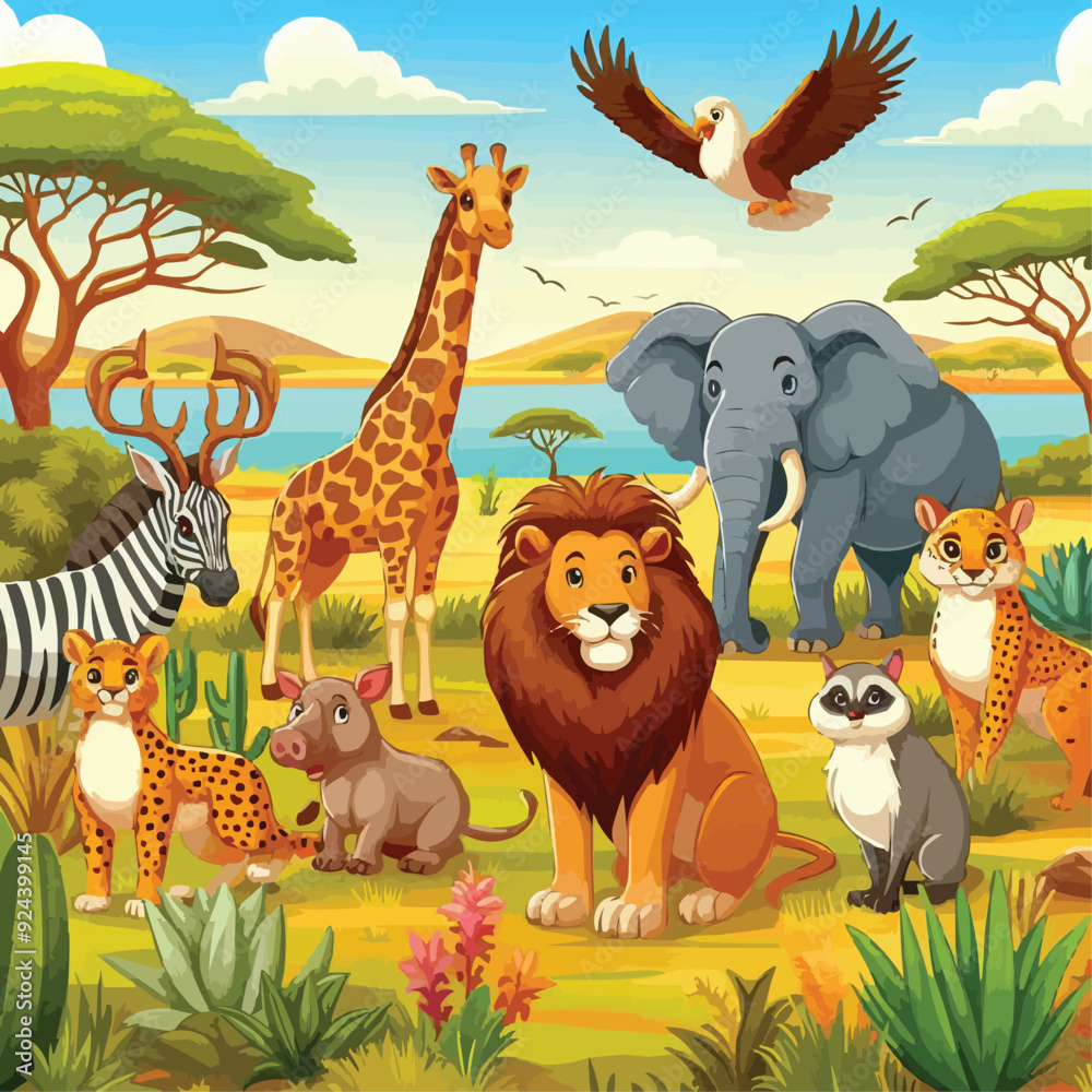 Naklejka premium Cartoon wild animals in savannah African safari wildlife. vector