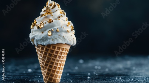 A luxurious gourmet homemade ice cream cone adorned with delicate gold leaf decoration, showcased against a dark, moody background.