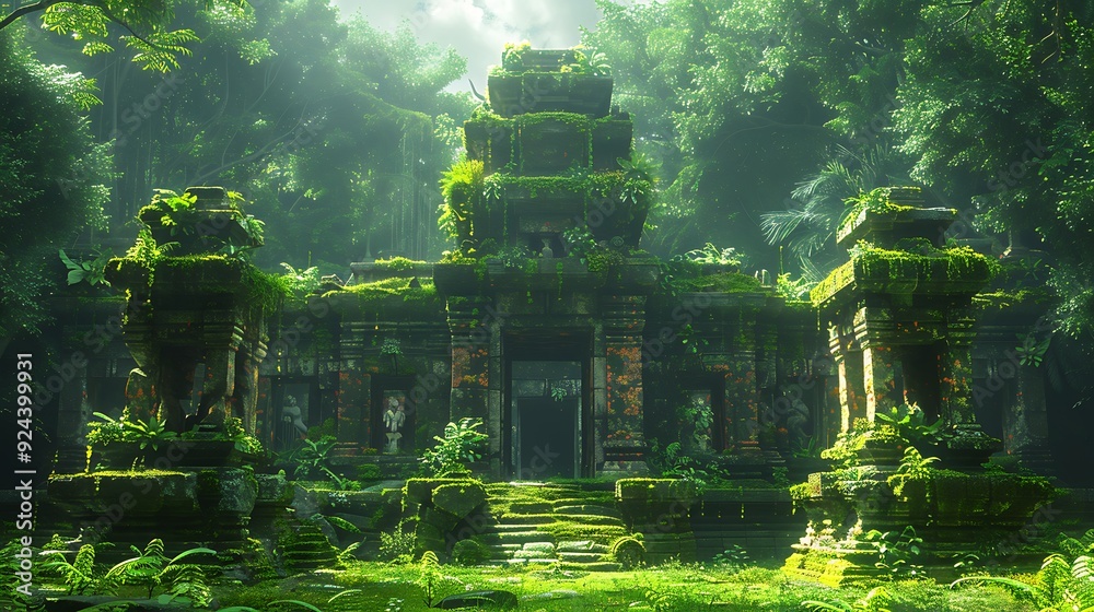 Mystical ancient ruins in a jungle setting, covered in vines and moss, with ancient statues and hidden treasures, under the shade of tall trees, a mysterious and enchanting atmosphere, Mystical ancient ruins in a jungle setting, covered in vines and moss, with ancient statues and hidden treasures, under the shade of tall trees, a mysterious and enchanting atmosphere,