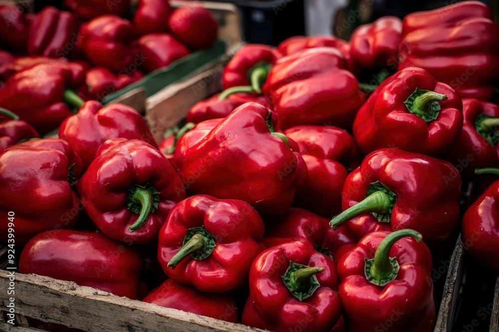 Heap Of Ripe Big Red Peppers At A Street Market. Peppers background with generative ai Heap Of Ripe Big Red Peppers At A Street Market. Peppers background with generative ai