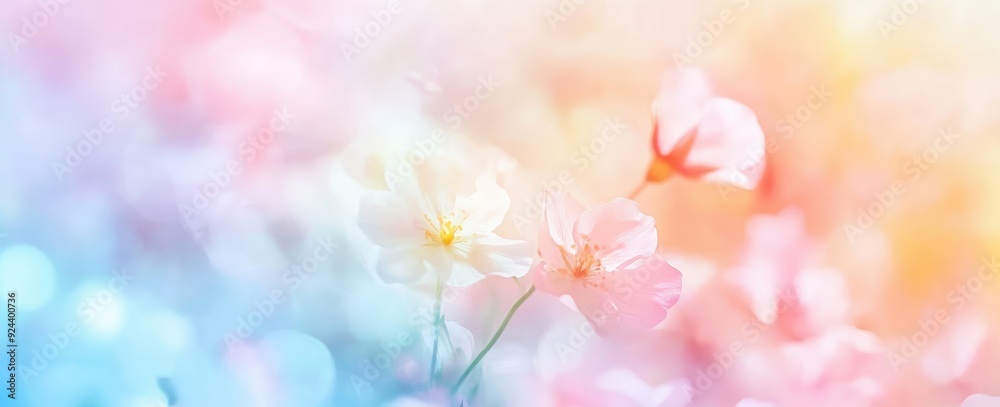 Soft Pastel Gradient with Colorful Flower Blur in Tranquil Springtime Garden Under Bright Sky Soft Pastel Gradient with Colorful Flower Blur in Tranquil Springtime Garden Under Bright Sky