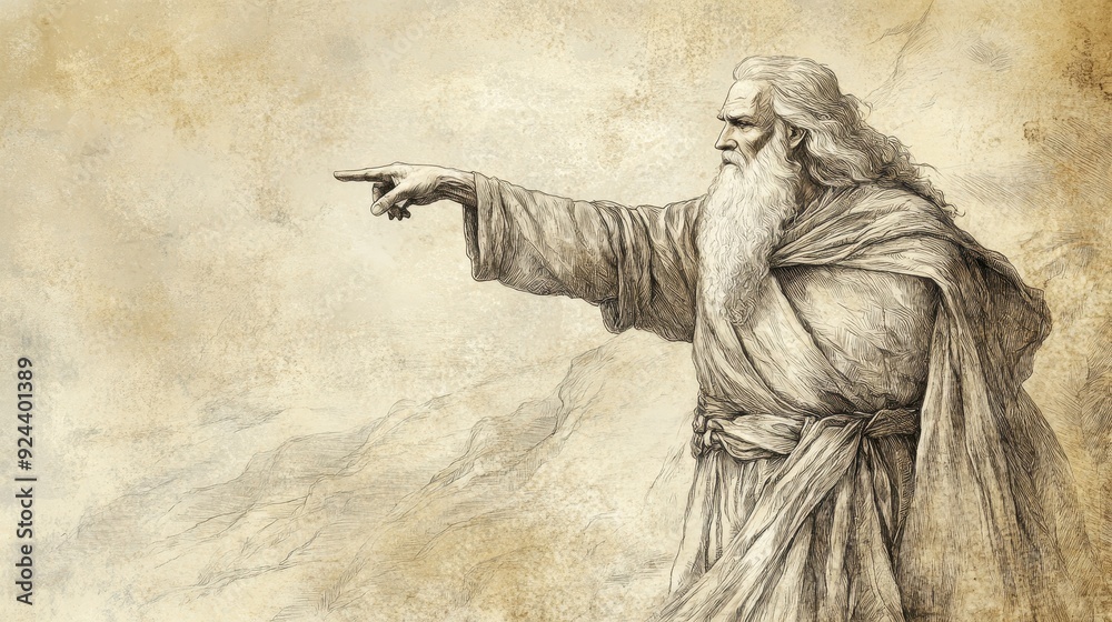 Fototapeta premium Moses Pointing to Promised Land, Teaching Rewards and Consequences of Obedience, Deuteronomy Biblical Illustration, Bible Wall Art, Beige Background