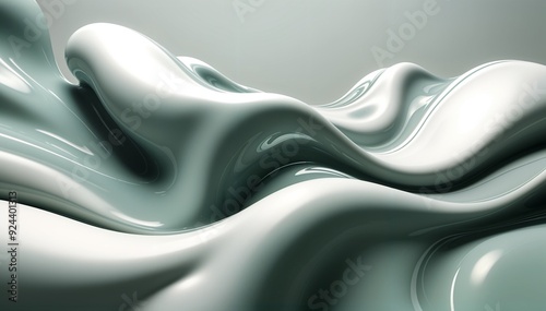 Abstract 3D fluid shapes in shades of green and white