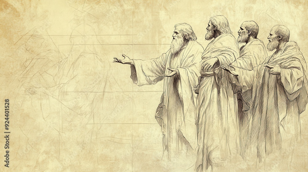 Naklejka premium Deuteronomy's Teachings: Moses on blessings and curses of God's law. Biblical illustration with beige background for Bible wall art.