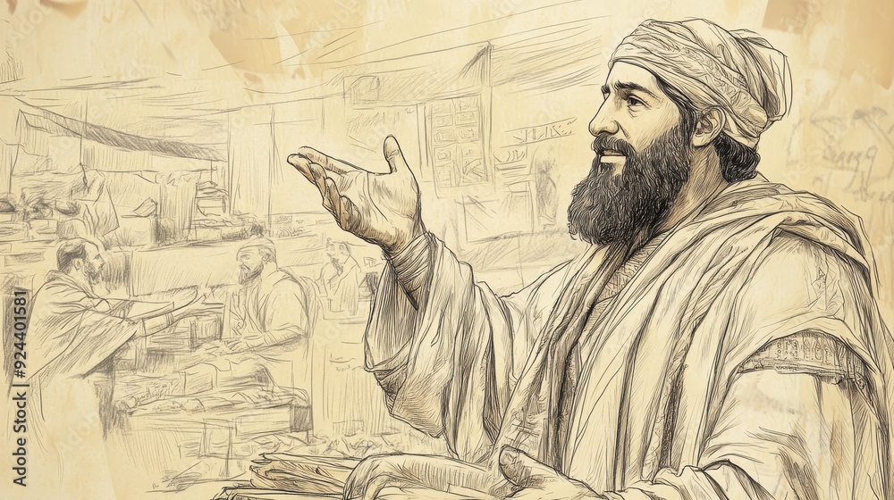 Fototapeta premium Deuteronomy's Blessings: Merchant prospering in business through obedience. Biblical illustration with beige background for Bible wall art.