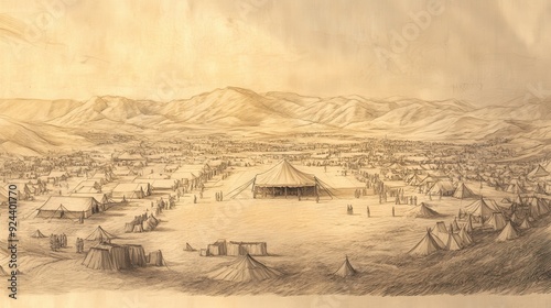 Deuteronomy's Camp: Panoramic view with Tabernacle at center. Biblical illustration with beige background for Bible wall art.