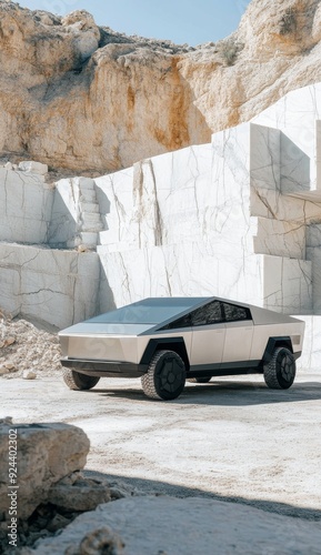 Electric cybertruck parked inside a quarry of white Italian marble photo