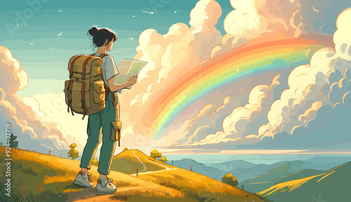 Tourist girl in the mountains, looking at the map. Hiker girl hiking or trekking with backpack walking in mountain forest outdoor wilderness landscape, vector illustration.
