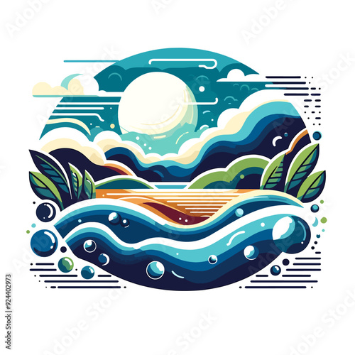 Vector design illustration featuring dynamic waves and floating bubbles or circles. Ideal for backgrounds or creative projects with a fluid, modern aesthetic. 