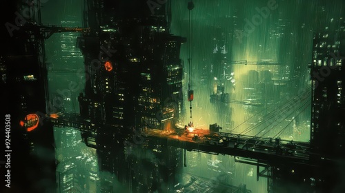 Construction robots welding steel beams on a highrise, Scifi, Dark moody, Digital painting, Intricate