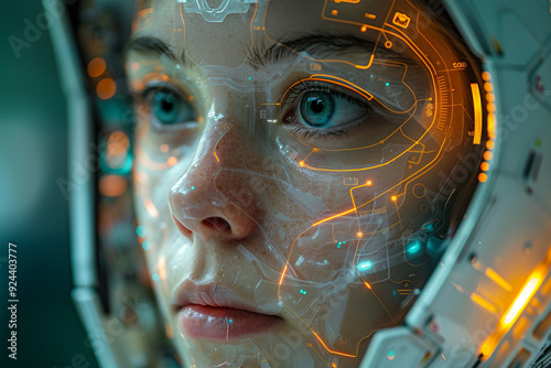 close-up image of a humanoid robot's face against a futuristic, abstract technological background serves as a modern representation of AI and digital technology, embodying concept of chatbot assistan photo