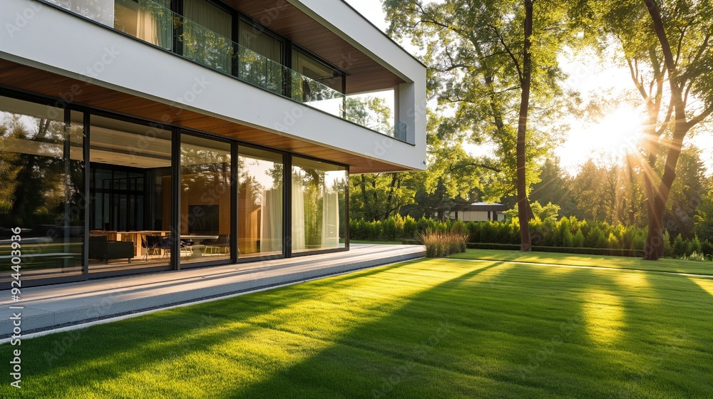 Modern villa with large glass windows and terrace, lawn in front of the house, sunlight shining through trees, and a close-up view of grass from side angle Modern villa with large glass windows and terrace, lawn in front of the house, sunlight shining through trees, and a close-up view of grass from side angle