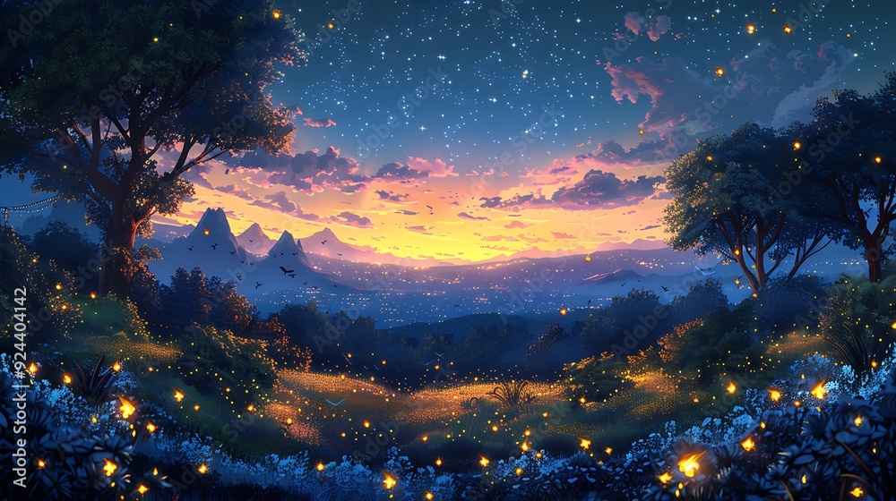 Fototapeta premium A magical cartoon night forest filled with fireflies and luminescent plants, under a starry sky with towering trees. Cheerful animals like foxes and rabbits exploring the magical forest,