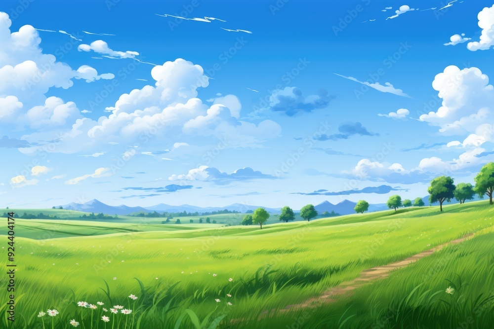 Lush Green Grass Meadow Under Vibrant Blue Sky. Fluffy Clouds and Colorful Blooming Flowers in a Beautiful Landscape anime-style Painting Lush Green Grass Meadow Under Vibrant Blue Sky. Fluffy Clouds and Colorful Blooming Flowers in a Beautiful Landscape anime-style Painting