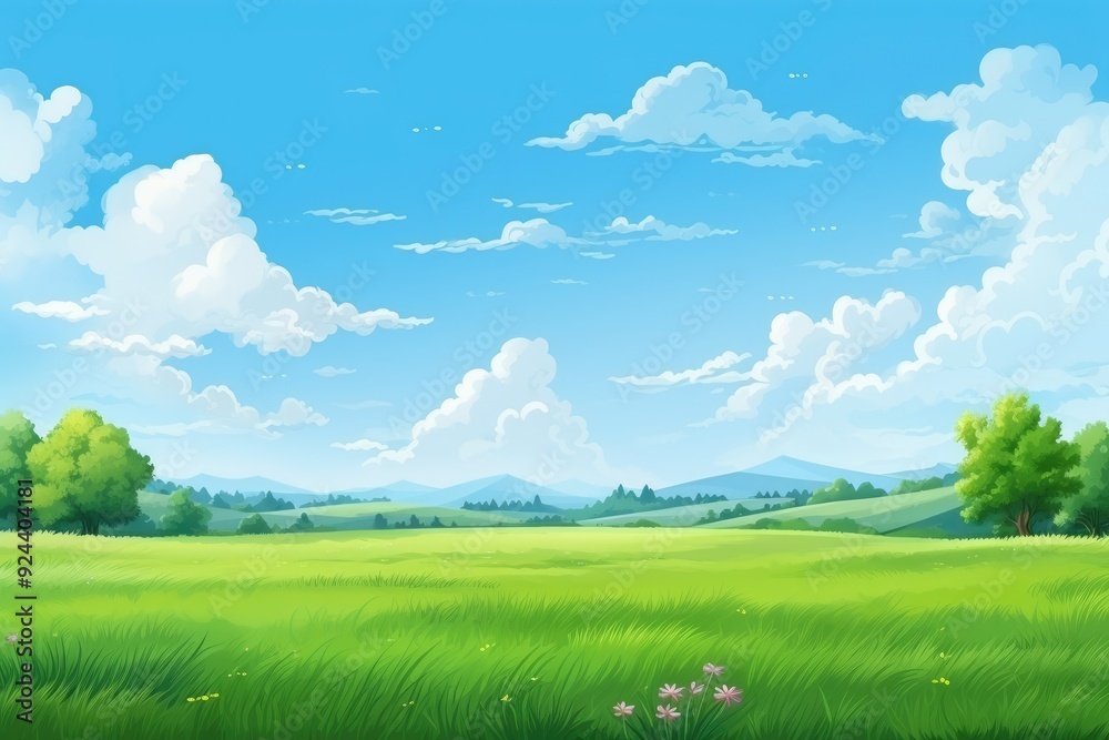 Obraz premium Lush Green Grass Meadow Under Vibrant Blue Sky. Fluffy Clouds and Colorful Blooming Flowers in a Beautiful Landscape anime-style Painting
