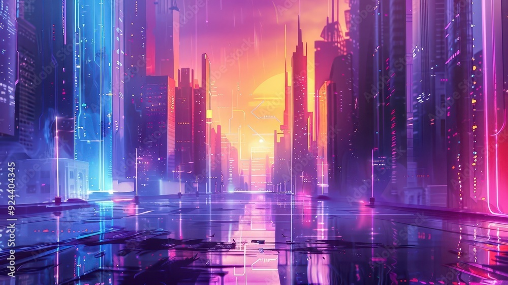 Futuristic cityscape at dawn, towering skyscrapers with organic shapes, glowing neon lights reflecting on wet streets, no humans visible Futuristic cityscape at dawn, towering skyscrapers with organic shapes, glowing neon lights reflecting on wet streets, no humans visible