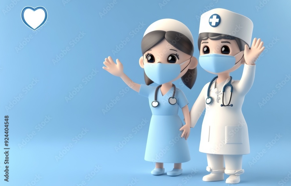 3D cartoon illustration of an Asian female nurse and male doctor waving to the camera, wearing medical masks, on a light blue background with a heart-shaped shield logo. 3D cartoon illustration of an Asian female nurse and male doctor waving to the camera, wearing medical masks, on a light blue background with a heart-shaped shield logo.