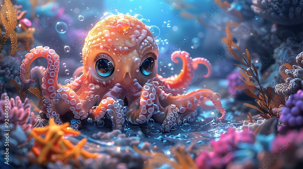 A magical cartoon ocean adventure with adorable sea creatures like octopuses, starfish, and crabs playing around colorful coral reefs, vibrant corals, and sparkling bubbles. A magical cartoon ocean adventure with adorable sea creatures like octopuses, starfish, and crabs playing around colorful coral reefs, vibrant corals, and sparkling bubbles.