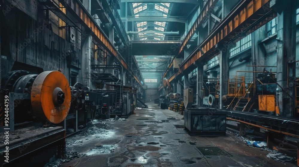 Industrial factory interior, large machines and conveyor belts, dark and gritty atmosphere, no workers