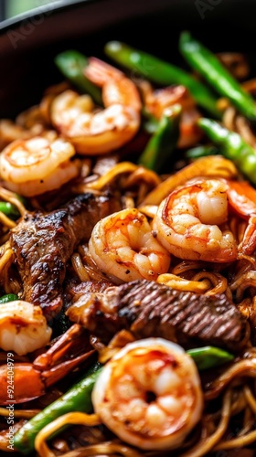 Noodles with shrimp, meat and asparagus