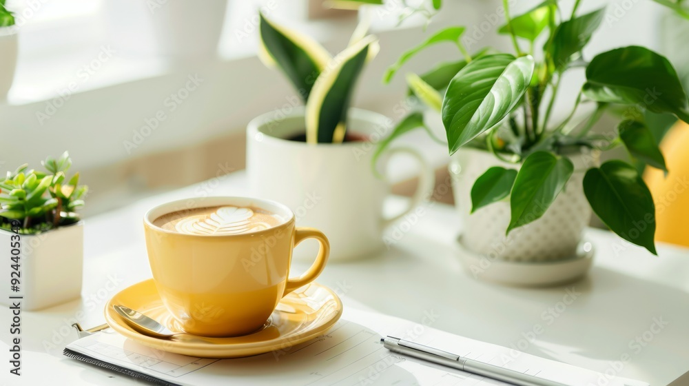 Comfortable workplace with coffee, stationery and houseplant on white table. Home office, copy space