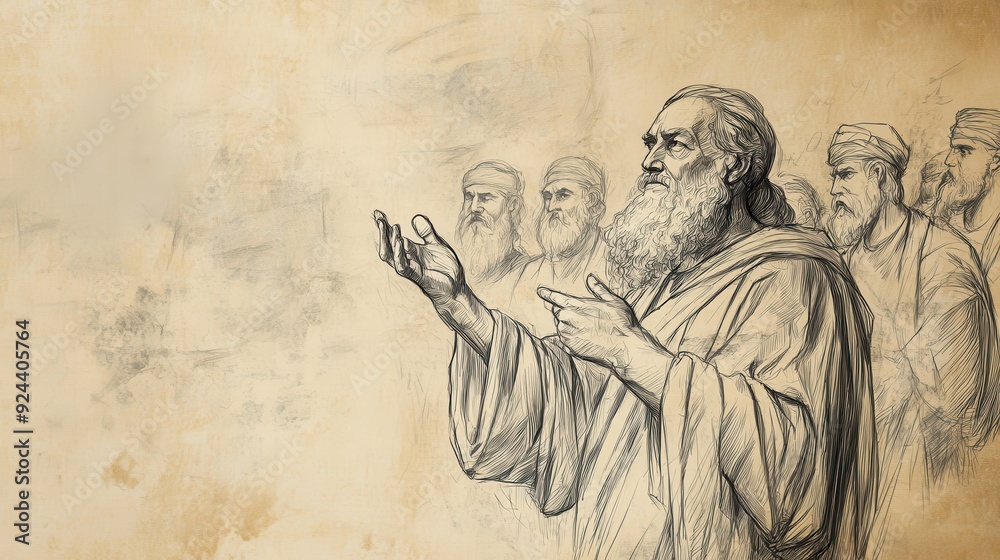 Fototapeta premium Deuteronomy's Binding Commandments: Moses instructing Israelites. Biblical illustration with beige background for Bible wall art.