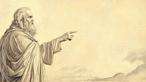 Repentance and Prosperity in Deuteronomy - Moses Pointing to Promised Land - Biblical Wall Art with Beige Background