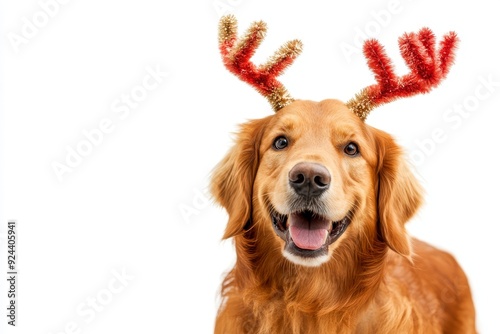 Portrait of a happy dog with deer antlers on his head on a Christmas background