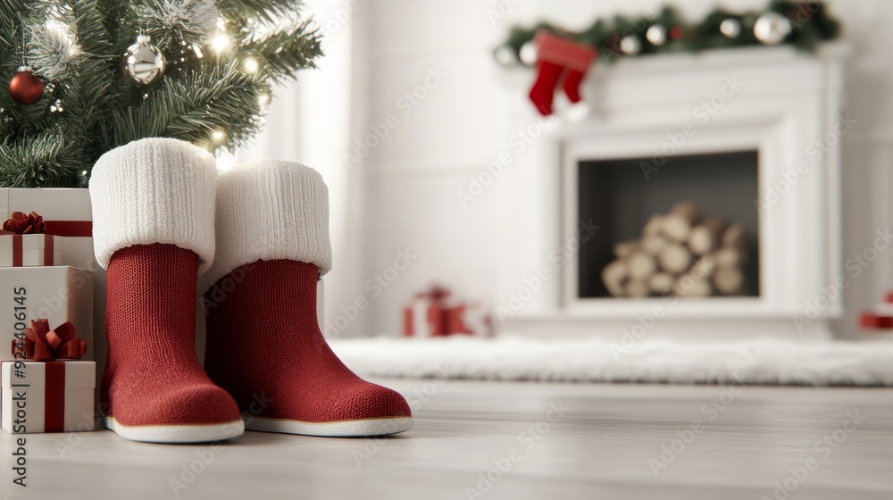 Fototapeta premium Christmas socks on the background of a Christmas tree, gifts and a fireplace