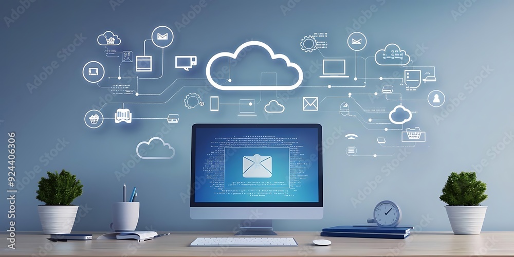 3D Illustration of a Computer with a Cloud Computing Network and Email Icon