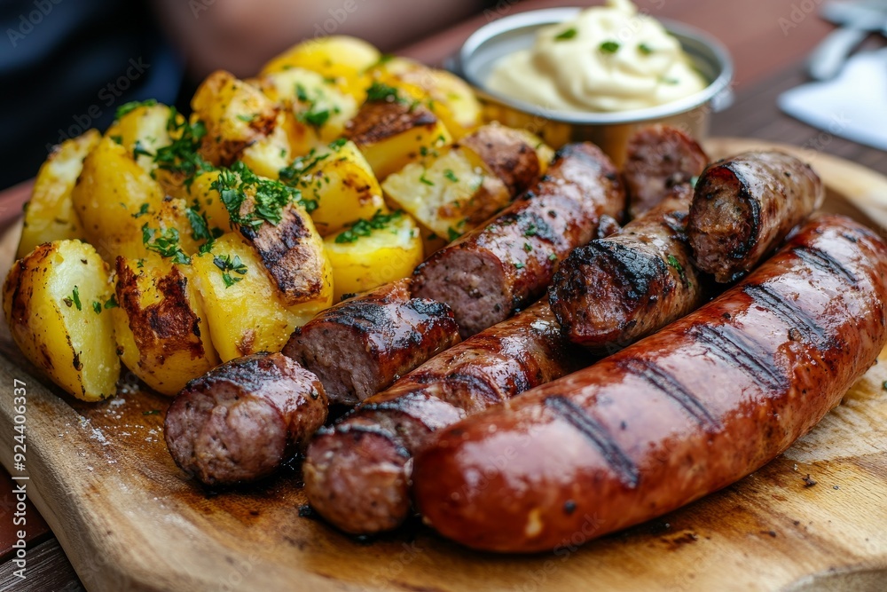 Homemade grilled sausages with potatoes, garlic sauce and herbs Homemade grilled sausages with potatoes, garlic sauce and herbs