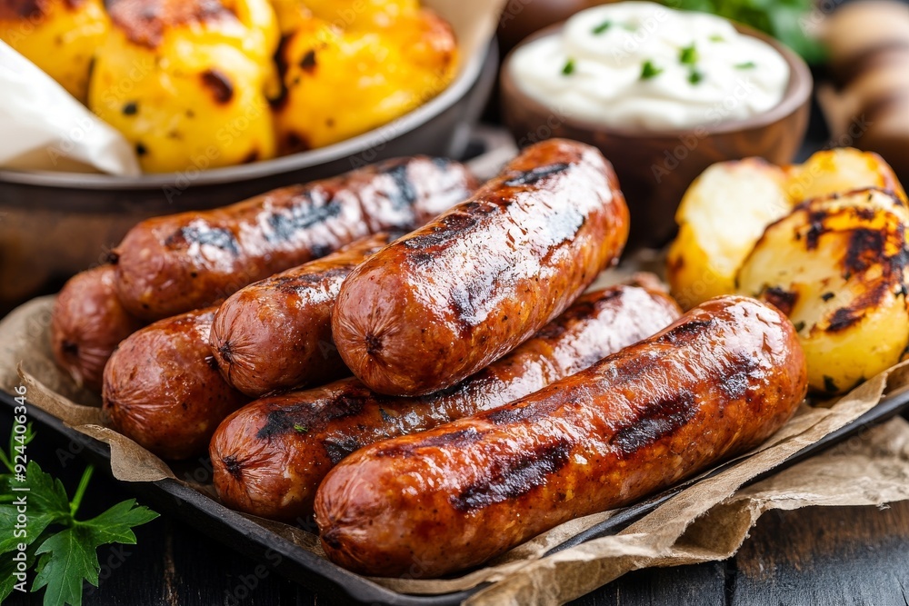 Homemade grilled sausages with potatoes, garlic sauce and herbs