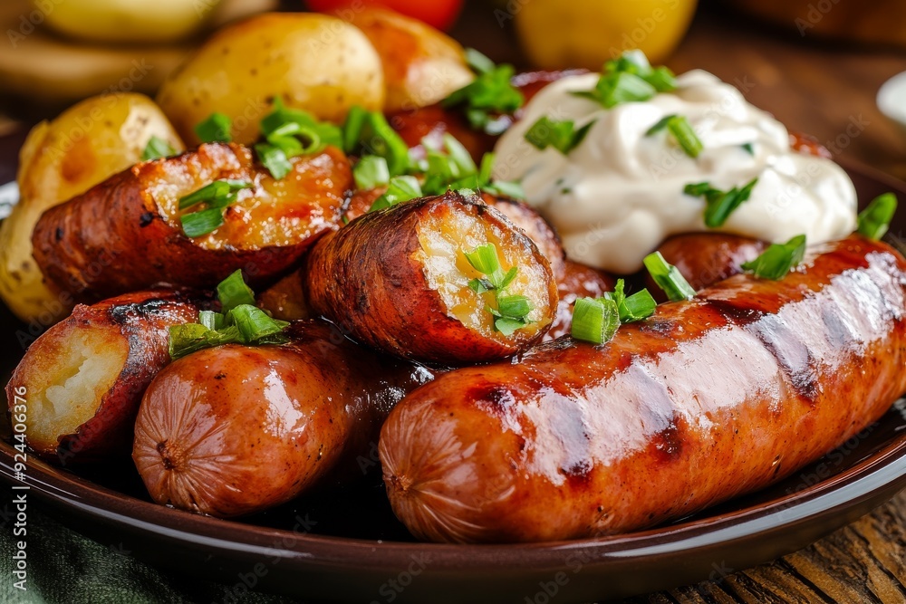 Homemade grilled sausages with potatoes, garlic sauce and herbs Homemade grilled sausages with potatoes, garlic sauce and herbs