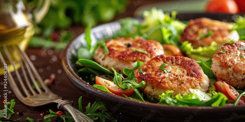 Plate of chicken cutlets with mixed salad greens Plate of chicken cutlets with mixed salad greens