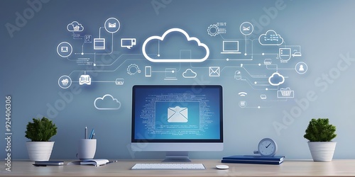 Obraz na płótnie 3D Illustration of a Computer with a Cloud Computing Network and Email Icon w salonie