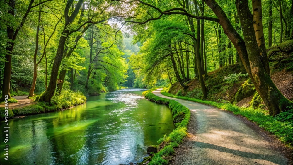 Obraz premium Scenic river path winding through lush green forest , nature, landscape, tranquil, serene, peaceful, outdoor, walkway