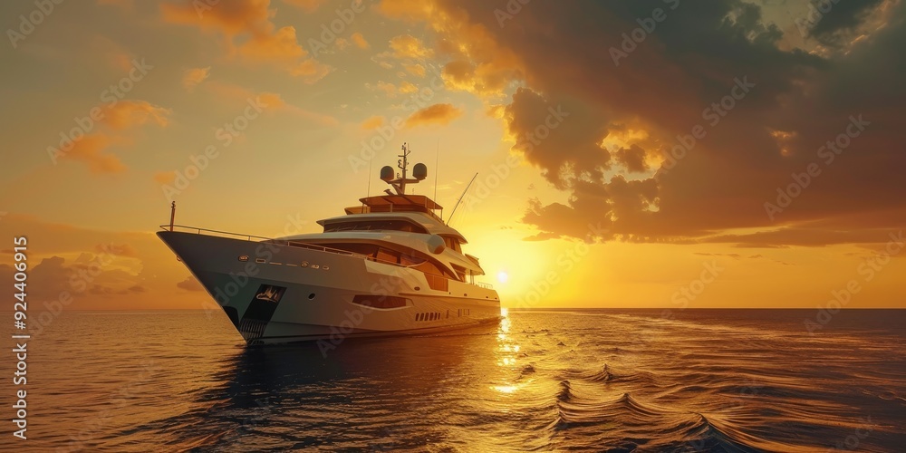 Luxury yacht sailing in the ocean at sunset Luxury yacht sailing in the ocean at sunset