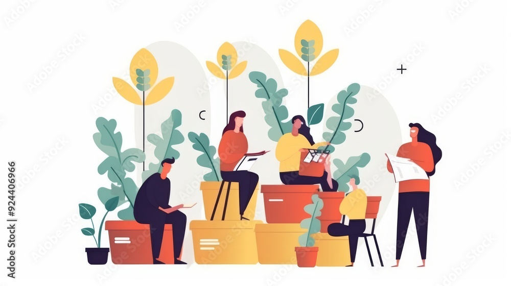 A group of people are sitting in potted plants, reading books and magazines