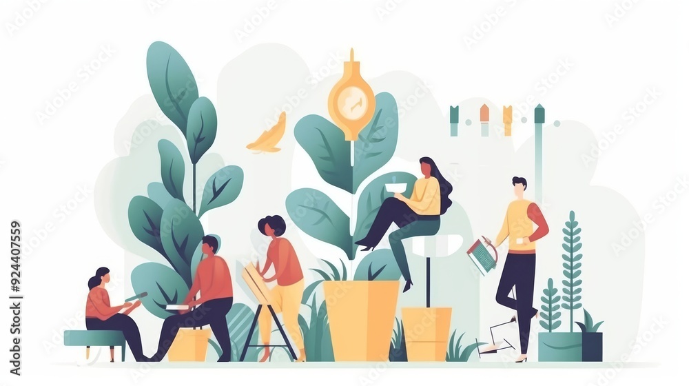 A group of people are sitting in a garden with potted plants and a clock A group of people are sitting in a garden with potted plants and a clock