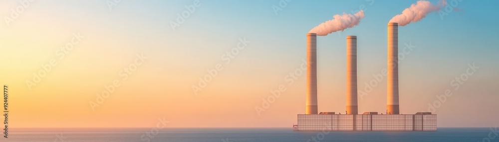 A scenic view of industrial smokestacks against a colorful sunset sky, representing energy production and environmental impact. A scenic view of industrial smokestacks against a colorful sunset sky, representing energy production and environmental impact.