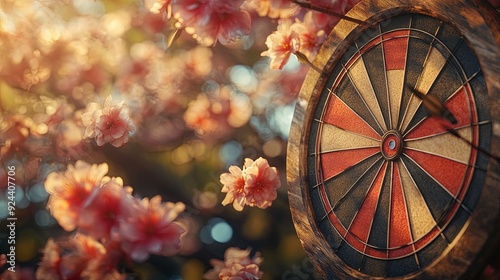 Precision and Nature. Dartboard featuring arrows with a blurred floral background concept. photo